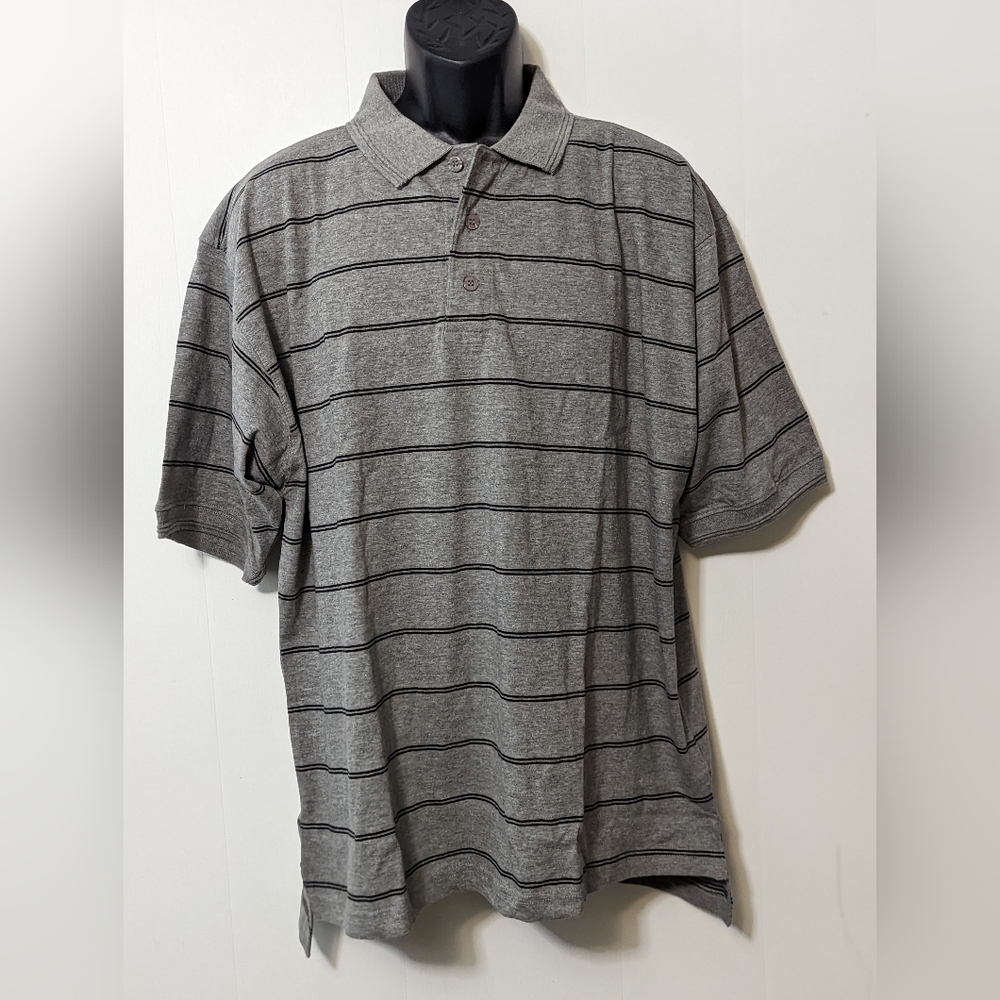 Men's Equus Polo Shirt Size Large Gray and Black Stripe